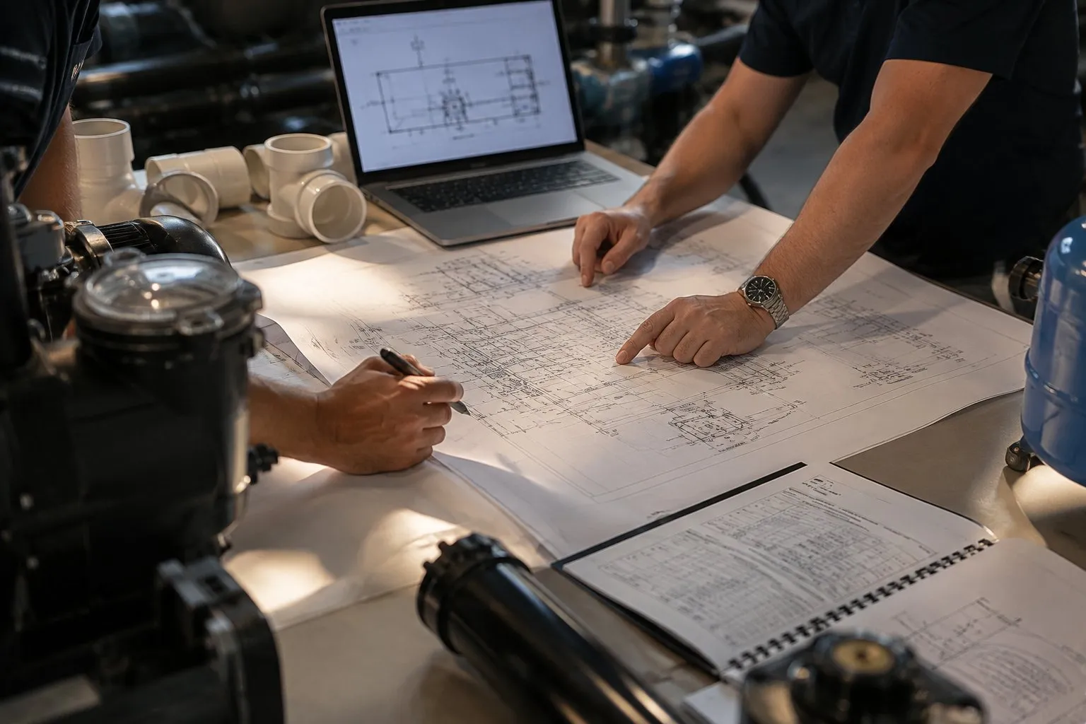 Two staff marking up a drawing set on the shop floor beside pumps, strainers and PVC fittings