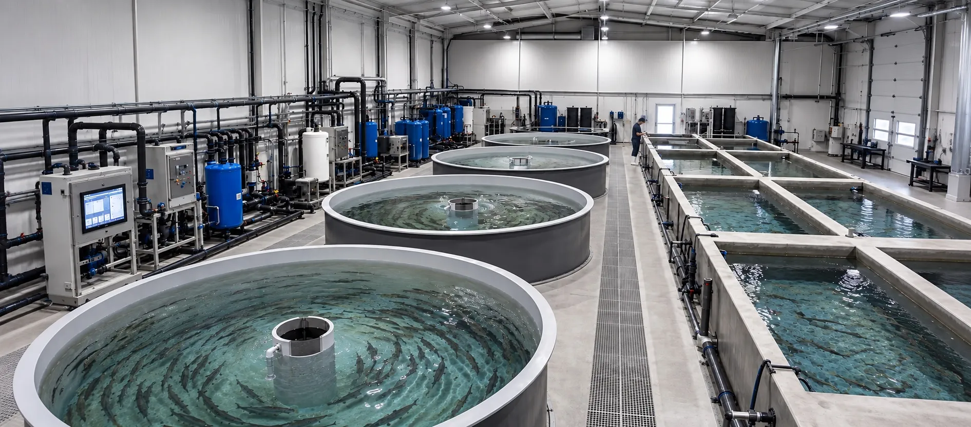 Recirculating aquaculture facility with circular rearing tanks, concrete raceways and filtration skids