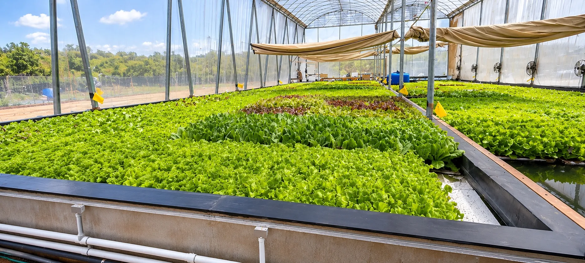 Greenhouse aquaponics loop with fish rearing tank, pressure filters, pump skid and hydroponic grow beds