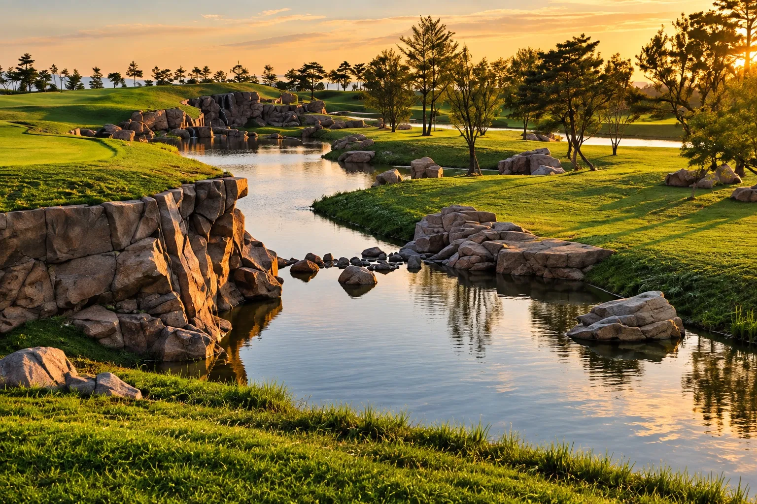 Aerating fountain and floating aerator on a golf course pond beside the green