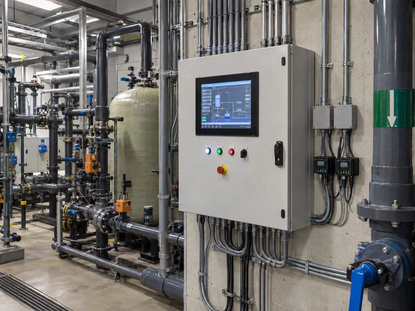 Control panel lineup with HMI screens, PLC racks and field wiring