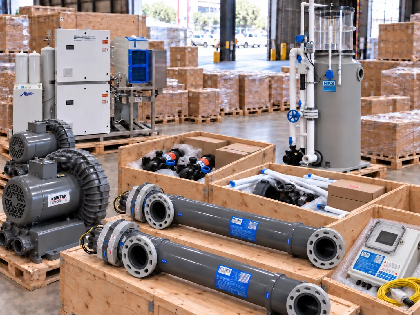 Filters, pumps, valves, UV units and control panels staged on pallets as a coordinated equipment package