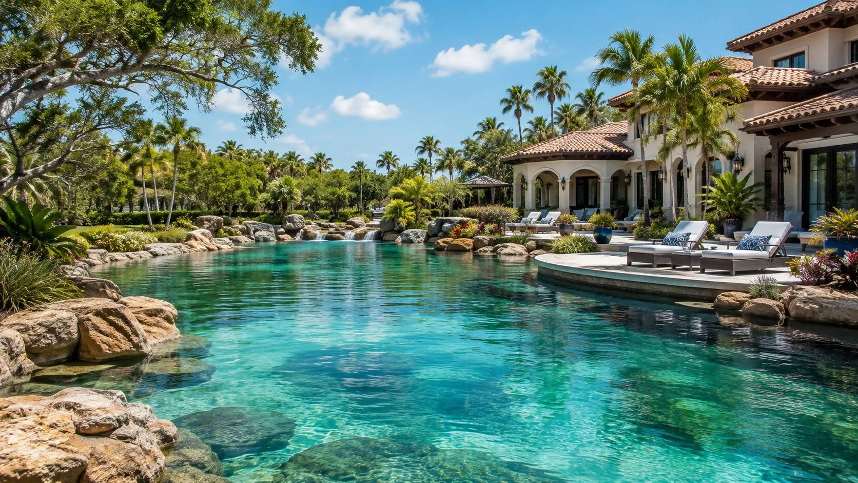 Estate lagoon pool with natural rock edging, planted margins and a cascade beside the residence