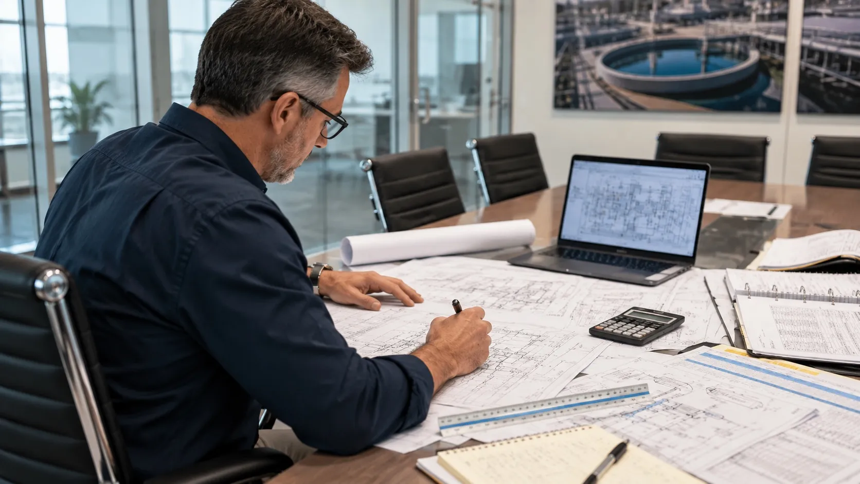 Estimator marking up a drawing set beside specification binders, a schedule and a takeoff calculator