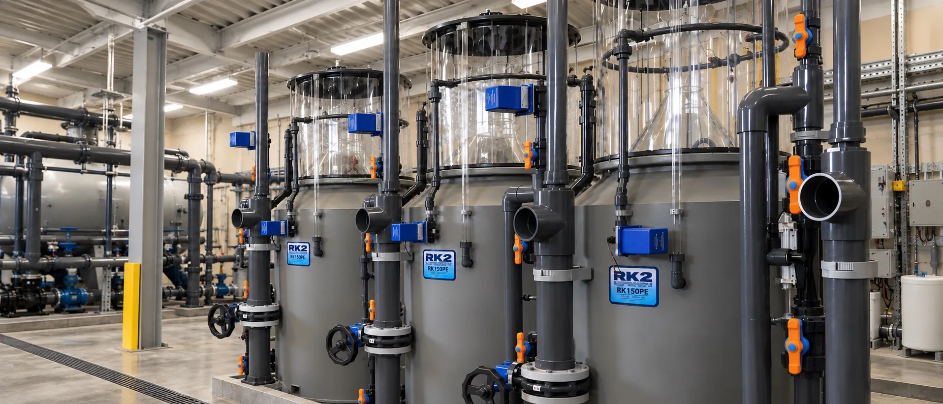 Foam fractionators with clear collection sections showing foam building at the top