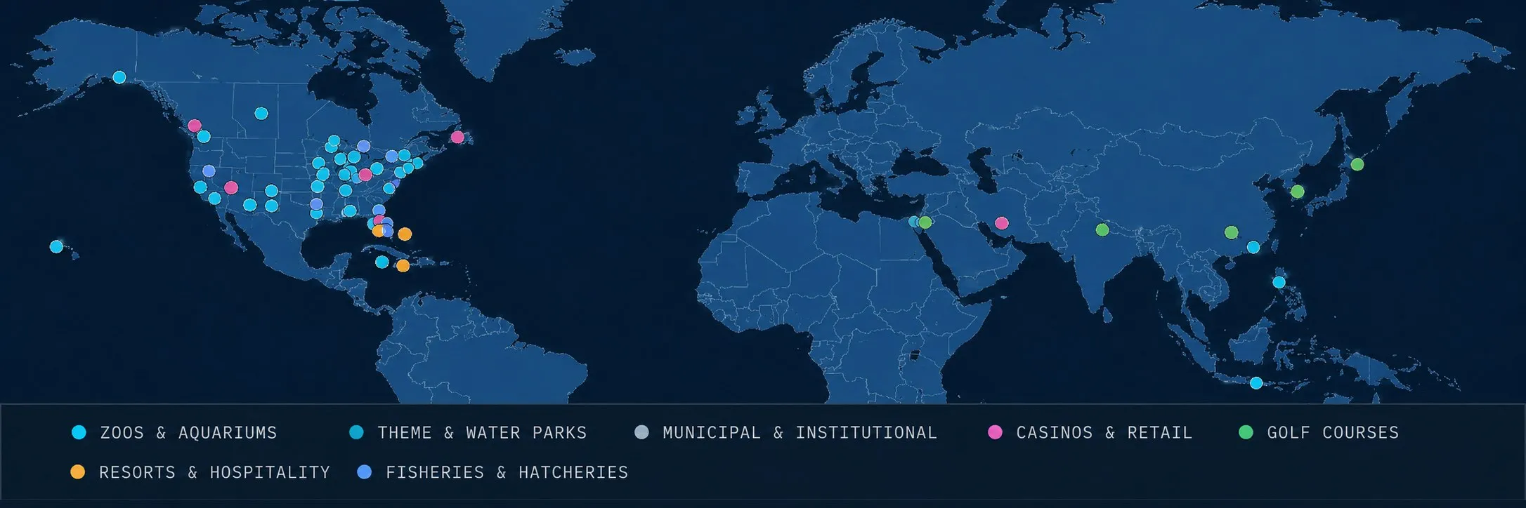 World map of SIVAT project locations across 38 US states and 16 countries and territories, color-coded by market