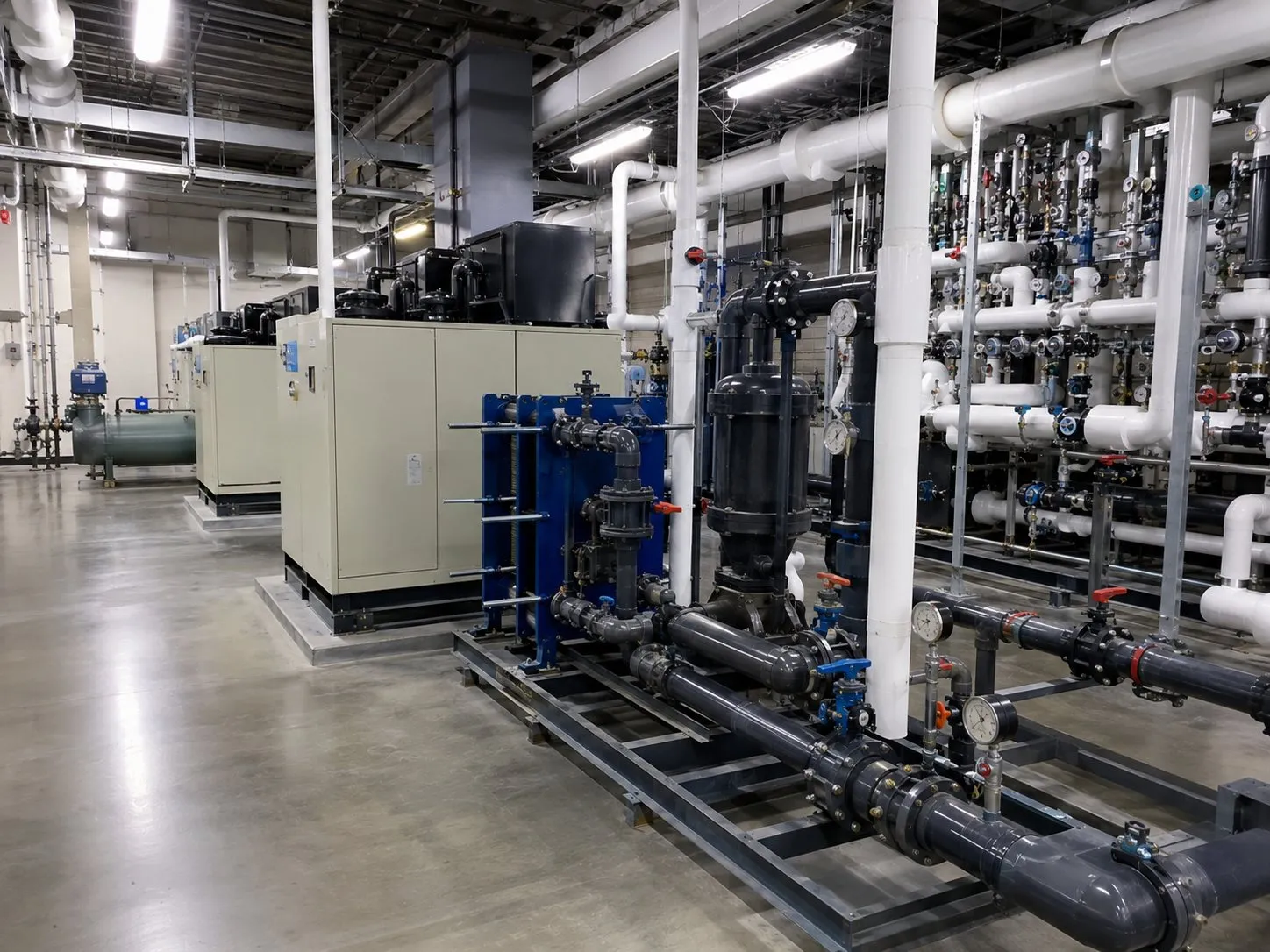 Plate heat exchangers and chillers piped into a process loop