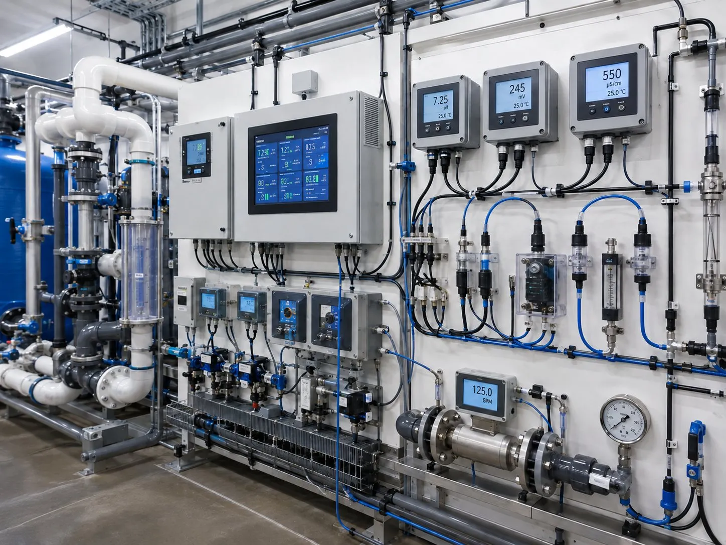 Instrument panel with pH, ORP, conductivity and flow transmitters on a sample loop