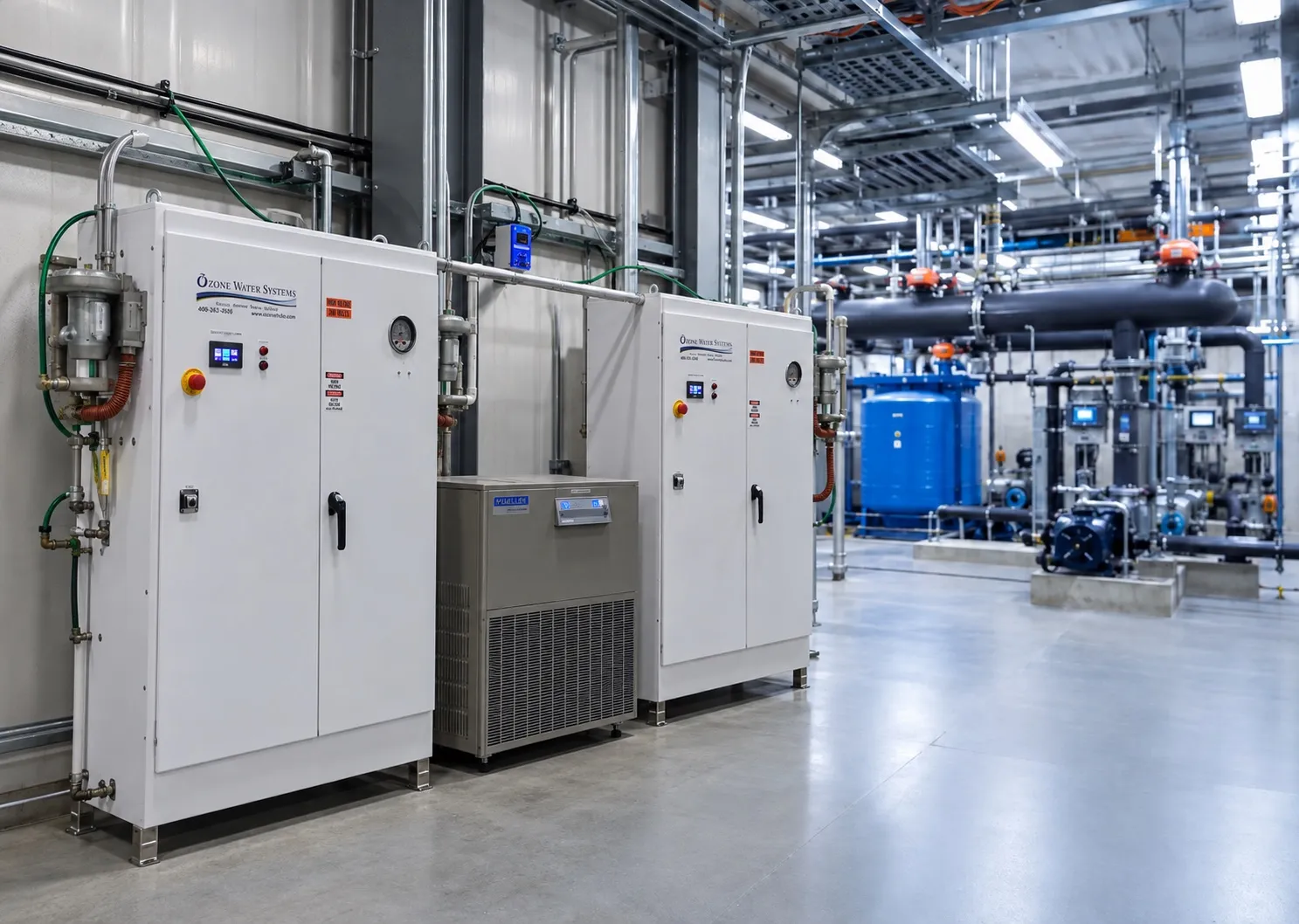 Ozone skid with stainless contact vessels, air dryers and a control cabinet