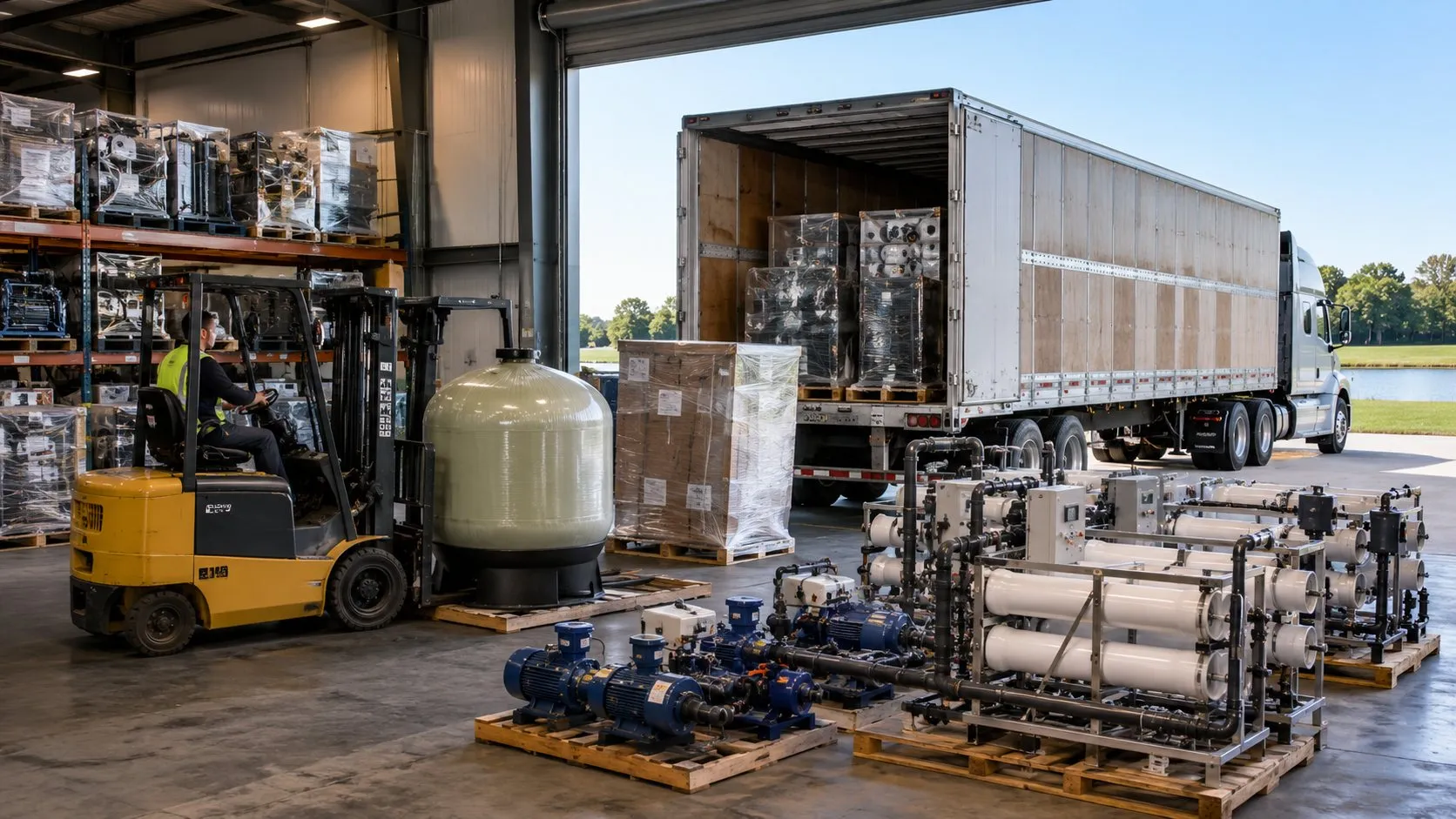 Forklift loading crated equipment and skids into a trailer at a warehouse dock