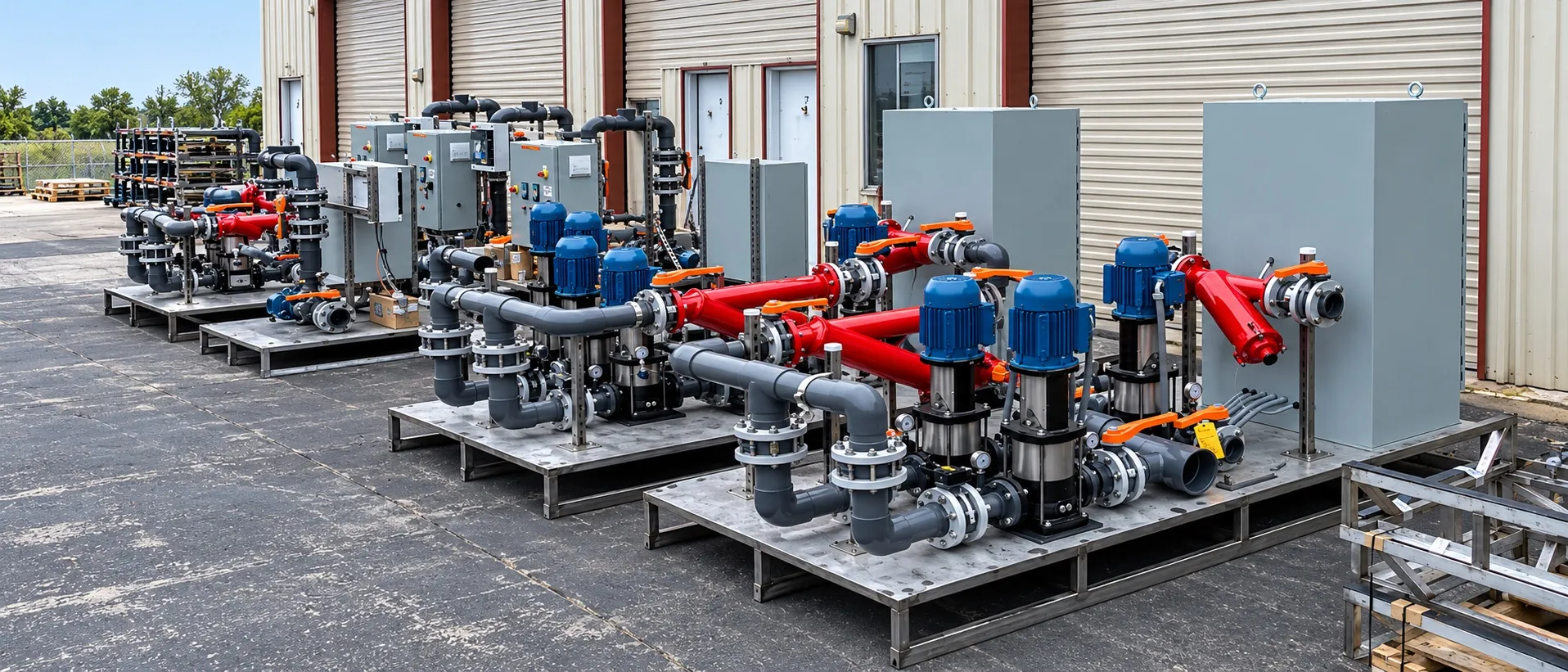 Preassembled treatment skid carrying pumps, filters, instrumentation and a control panel on one steel frame