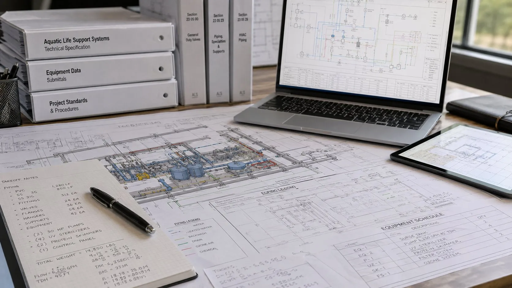 Drawing set, takeoff notes and an equipment schedule beside specification binders and a P and ID on screen