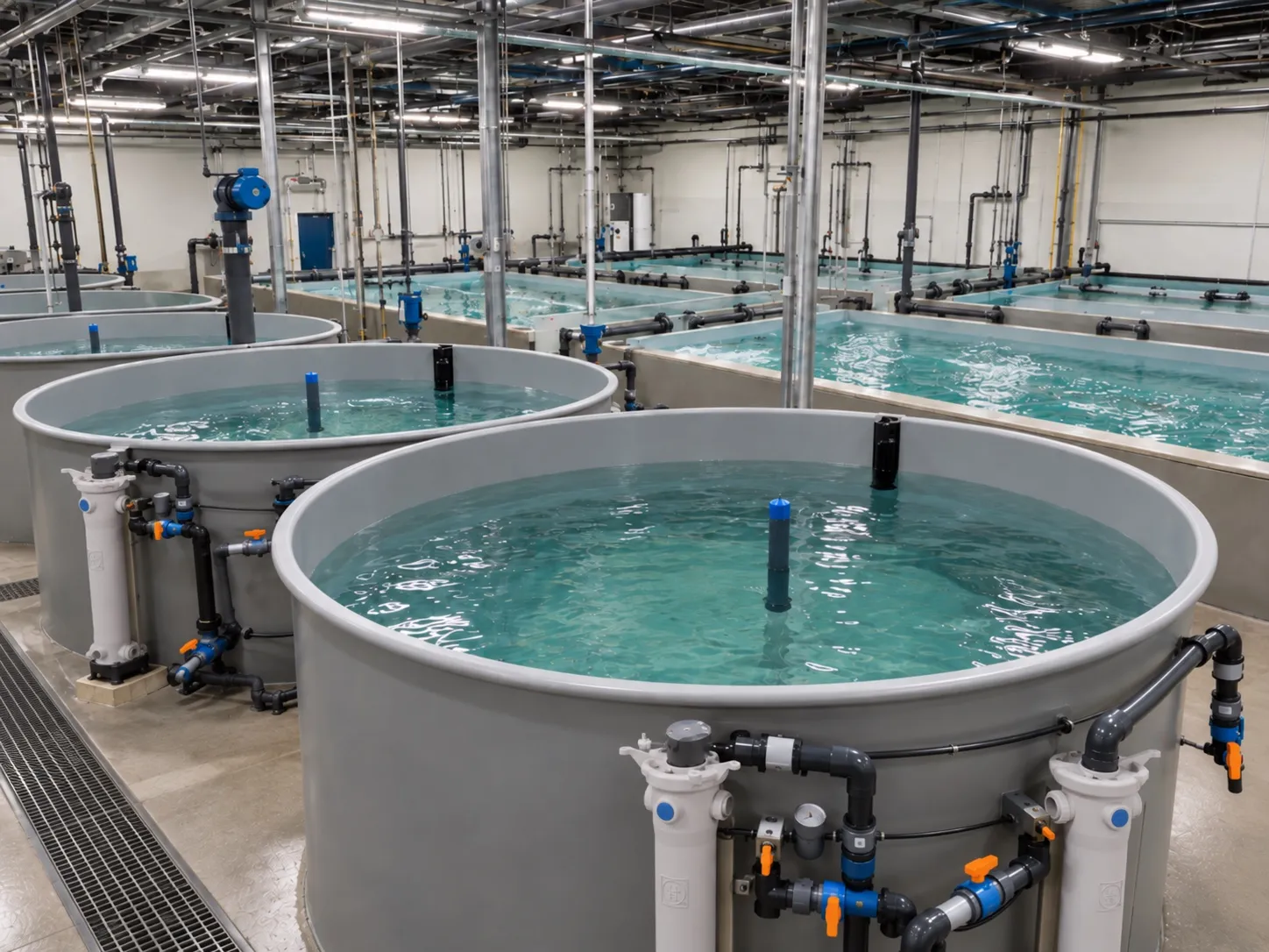Circular rearing tanks and raceways plumbed to a common return header