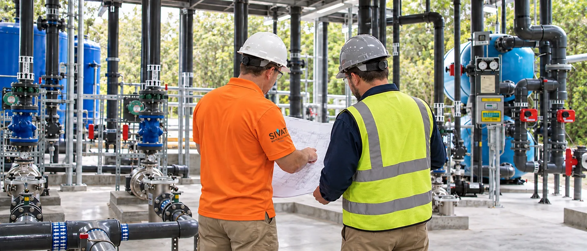 SIVAT staff reviewing a drawing set with a contractor beside pressure filters and pump skids