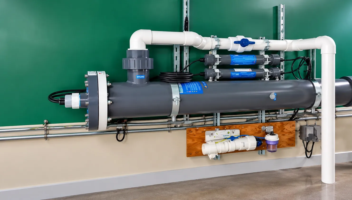 Horizontal UV sterilizer chambers piped alongside FRP pressure filters