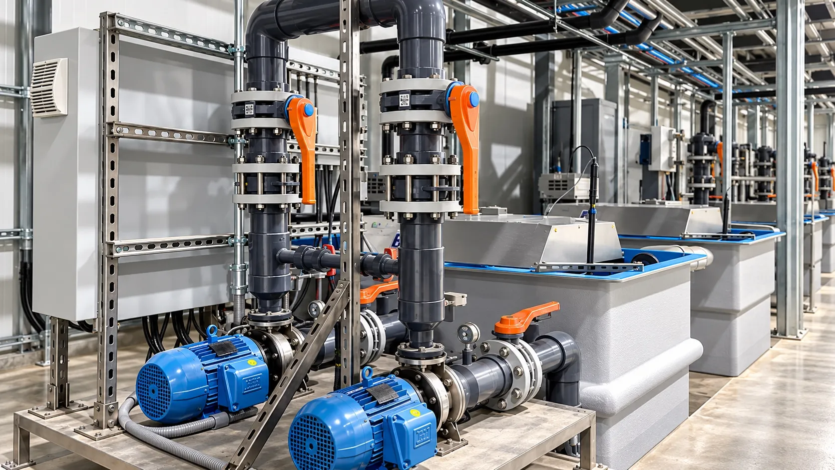 Actuated valves and manual gear operators on a flanged process header